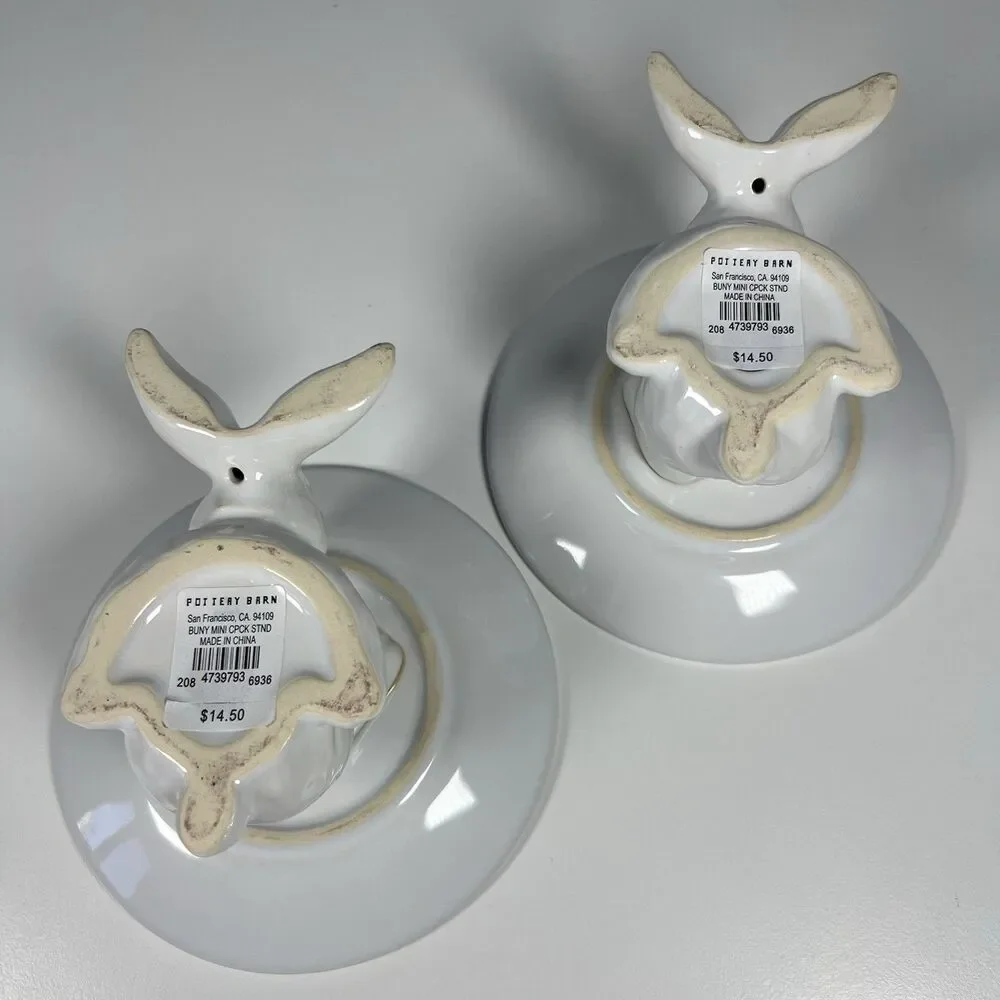 Pottery Barn Easter Bunny Dessert Cupcake Stand White Glazed Stoneware Set